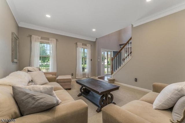 1611 Adams Dr, Greenwich Twp, NJ 08886 - living room with light carpet, ornamental molding, recessed lighting, and stairway