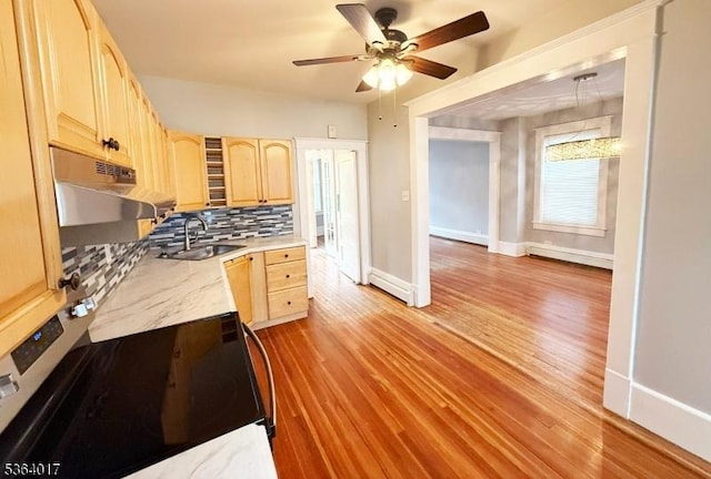 191 Summit Ave, Phillipsburg Town, NJ 08865 - kitchen with light brown cabinets, stainless steel range with electric cooktop, a ceiling fan, and tasteful backsplash