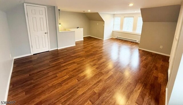 191 Summit Ave, Phillipsburg Town, NJ 08865 - bonus room featuring a baseboard radiator, dark wood-style flooring, recessed lighting, and lofted ceiling