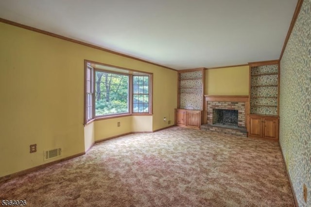 192 Carol Jean Way, Branchburg Twp, NJ 08876 - unfurnished living room featuring crown molding, a brick fireplace, and carpet flooring