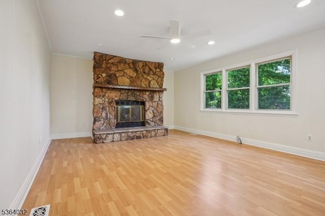 129 Jockey Hollow Way, Union Twp, NJ 07083 - unfurnished living room with ceiling fan, wood finished floors, a stone fireplace, and recessed lighting