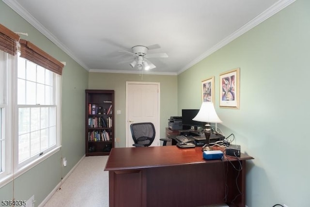 13 Deer Path Cir, Green Brook Twp, NJ 08812 - office with healthy amount of natural light, ornamental molding, a ceiling fan, and light colored carpet