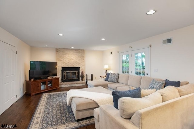 13 Deer Path Cir, Green Brook Twp, NJ 08812 - living room featuring dark wood-style floors, a fireplace, and recessed lighting