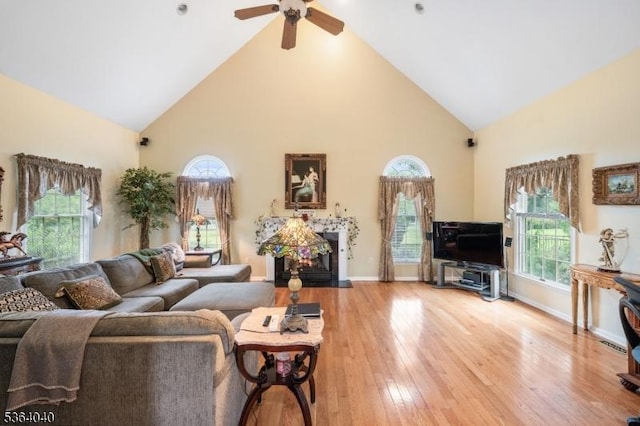 31 Deer Path, Hillsborough Twp, NJ 08844 - living room with high vaulted ceiling, ceiling fan, and light wood-style floors