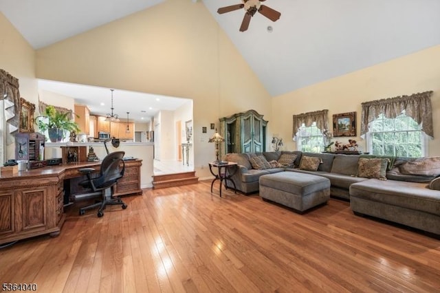 31 Deer Path, Hillsborough Twp, NJ 08844 - living room with high vaulted ceiling, light wood-type flooring, ceiling fan, and an office area
