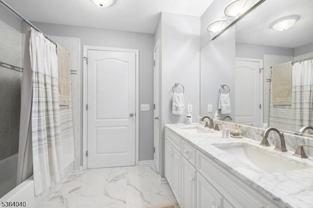 31 Deer Path, Hillsborough Twp, NJ 08844 - full bathroom with double vanity, shower / bath combination with curtain, and marble look tiles