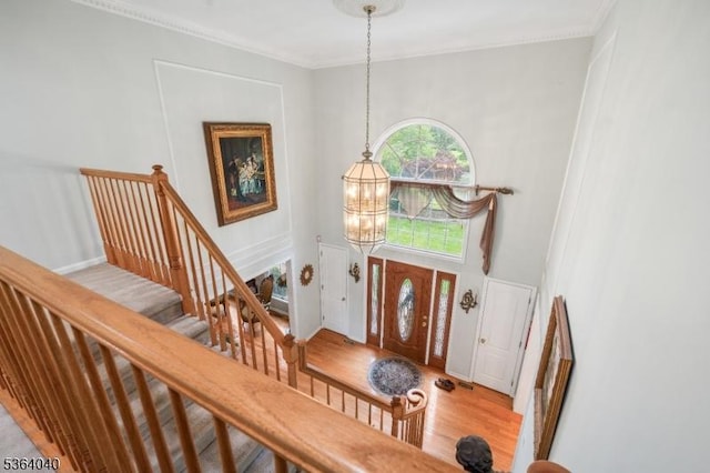 31 Deer Path, Hillsborough Twp, NJ 08844 - entryway with light wood finished floors, stairway, and ornamental molding