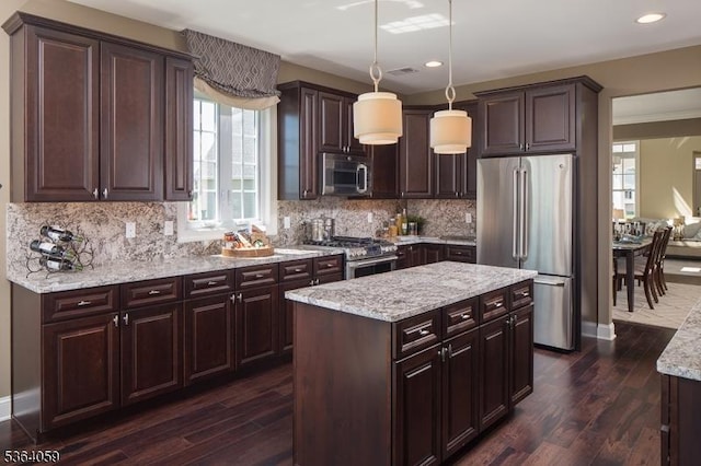 4 Leidl Cir, Hillsborough Twp, NJ 08844 - kitchen featuring stainless steel appliances, dark wood-style floors, dark brown cabinetry, recessed lighting, and backsplash