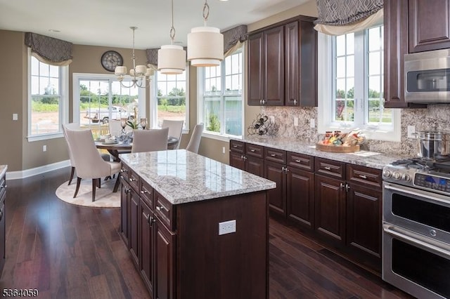 4 Leidl Cir, Hillsborough Twp, NJ 08844 - kitchen with stainless steel appliances, dark wood-style floors, backsplash, a chandelier, and light stone counters
