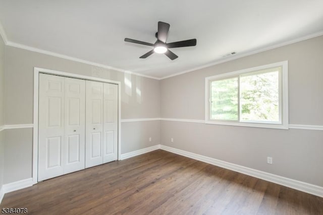 2 Falkenstein Dr Unit 10, Vernon Twp, NJ 07462 - unfurnished bedroom with dark wood-style flooring, crown molding, a closet, and ceiling fan