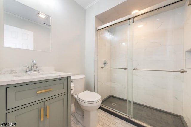 2 Falkenstein Dr Unit 10, Vernon Twp, NJ 07462 - bathroom featuring a stall shower, vanity, and ornamental molding