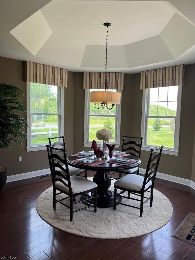 8 Leidl Cir, Hillsborough Twp, NJ 08844 - dining space with dark wood-type flooring, a raised ceiling, and a chandelier