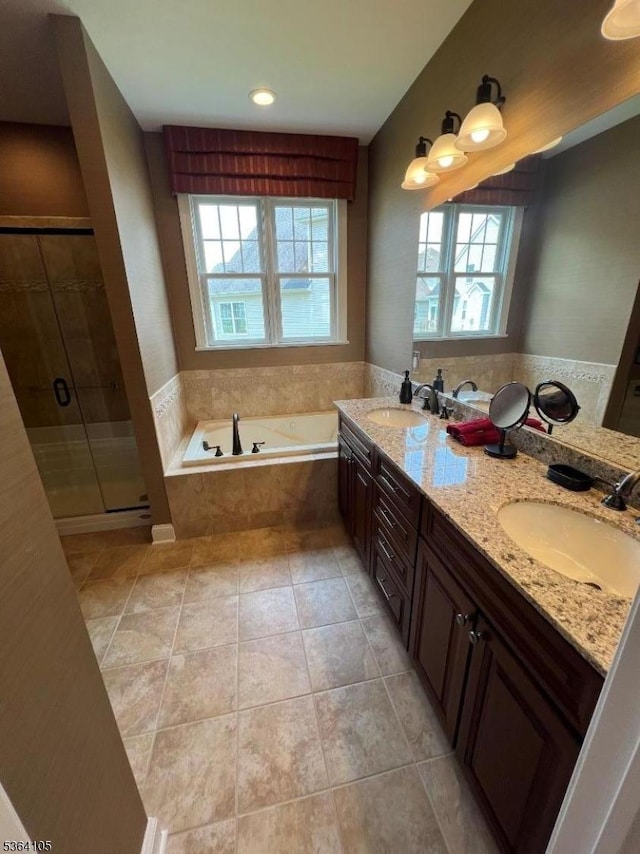 8 Leidl Cir, Hillsborough Twp, NJ 08844 - bathroom with a bath, tile patterned flooring, double vanity, and a shower stall