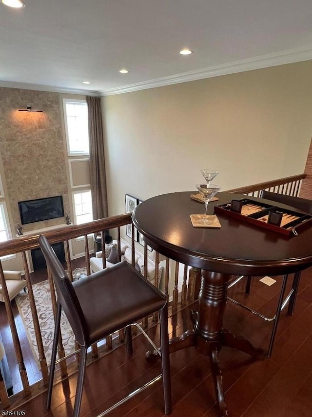 8 Leidl Cir, Hillsborough Twp, NJ 08844 - dining room featuring ornamental molding, a fireplace, and recessed lighting