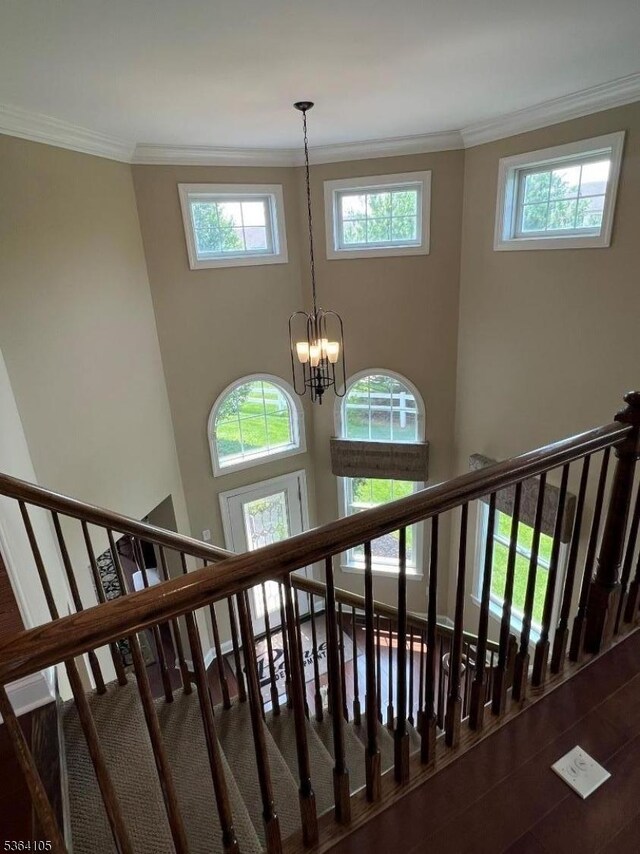 8 Leidl Cir, Hillsborough Twp, NJ 08844 - stairway featuring crown molding and a chandelier
