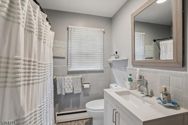 198 Pittsford Way, New Providence Boro, NJ 07974 - full bath featuring baseboard heating, vanity, tile walls, a shower with curtain, and a wainscoted wall