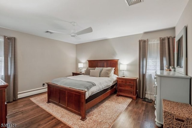 198 Pittsford Way, New Providence Boro, NJ 07974 - bedroom featuring a baseboard heating unit, dark wood-type flooring, and a ceiling fan