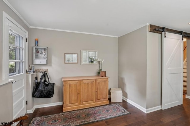 198 Pittsford Way, New Providence Boro, NJ 07974 - interior space with a barn door, ornamental molding, and dark wood-type flooring