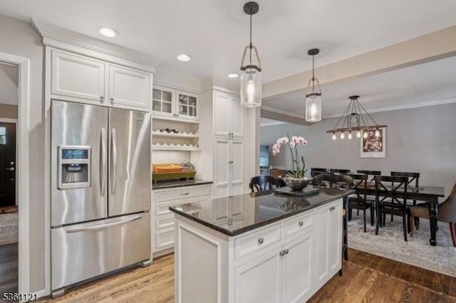 198 Pittsford Way, New Providence Boro, NJ 07974 - kitchen with stainless steel refrigerator with ice dispenser, light wood-style floors, white cabinetry, hanging light fixtures, and recessed lighting