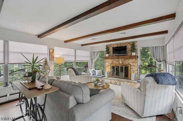198 Pittsford Way, New Providence Boro, NJ 07974 - living room with wood finished floors, beam ceiling, baseboard heating, and a fireplace