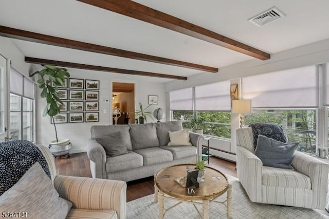 198 Pittsford Way, New Providence Boro, NJ 07974 - living room with beam ceiling, a baseboard radiator, and light wood-style flooring