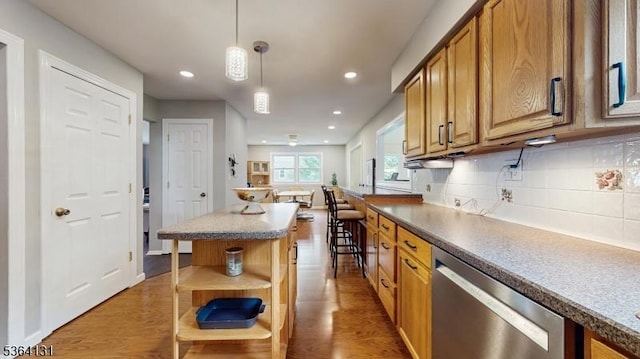 505 Sheppard Ct, Hillsborough Twp, NJ 08844 - kitchen featuring dishwasher, open shelves, light wood-type flooring, tasteful backsplash, and hanging light fixtures