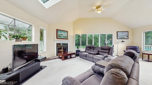 505 Sheppard Ct, Hillsborough Twp, NJ 08844 - carpeted living room with a glass covered fireplace, ceiling fan, and high vaulted ceiling