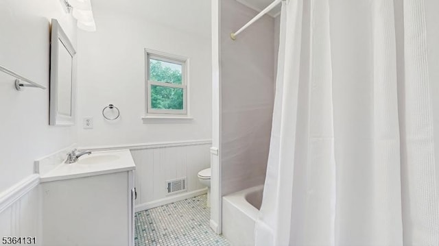 505 Sheppard Ct, Hillsborough Twp, NJ 08844 - full bath with vanity, a wainscoted wall, tile patterned floors, shower / bath combo, and a decorative wall