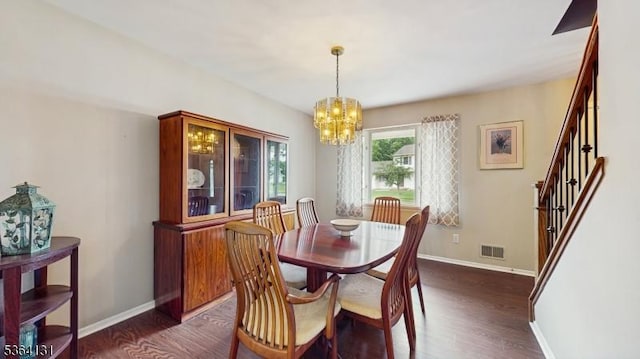 505 Sheppard Ct, Hillsborough Twp, NJ 08844 - dining room with dark wood-style floors, a chandelier, and stairway