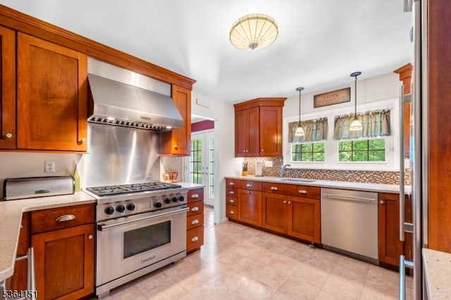 37 Dogwood Dr, Chester Twp, NJ 07930 - kitchen featuring stainless steel appliances, wall chimney exhaust hood, decorative backsplash, light countertops, and pendant lighting