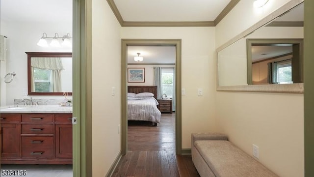 165 Rock Rd W, Green Brook Twp, NJ 08812 - hall with dark wood-type flooring and crown molding