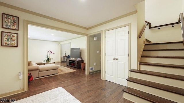 165 Rock Rd W, Green Brook Twp, NJ 08812 - living area featuring stairway, dark wood-style floors, ornamental molding, and recessed lighting