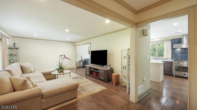 165 Rock Rd W, Green Brook Twp, NJ 08812 - living room with ornamental molding, dark wood finished floors, and recessed lighting