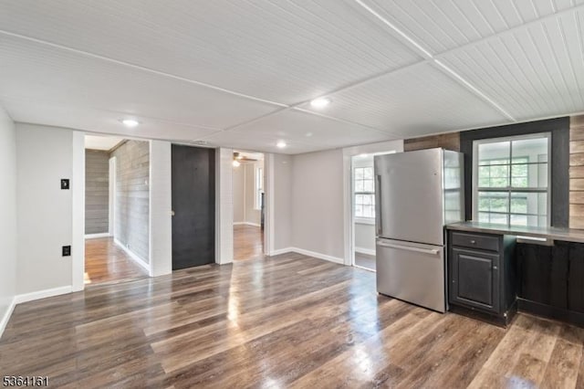 132 Axford Ave, Oxford Twp, NJ 07863 - kitchen with freestanding refrigerator, baseboards, wood finished floors, recessed lighting, and a ceiling fan
