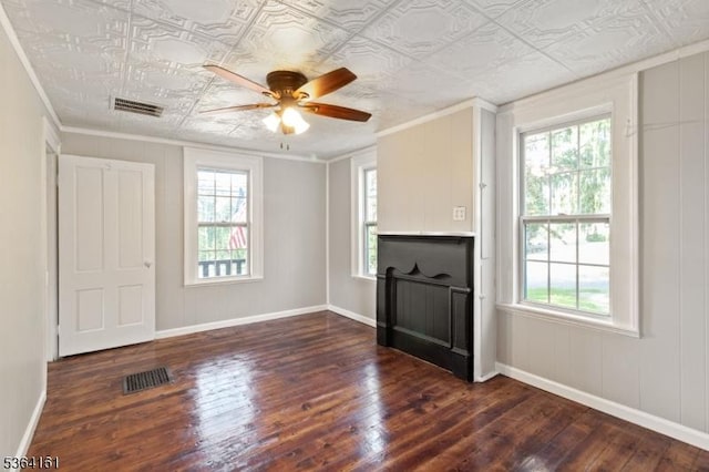 132 Axford Ave, Oxford Twp, NJ 07863 - unfurnished living room featuring healthy amount of natural light, dark wood-type flooring, ornamental molding, ceiling fan, and baseboards