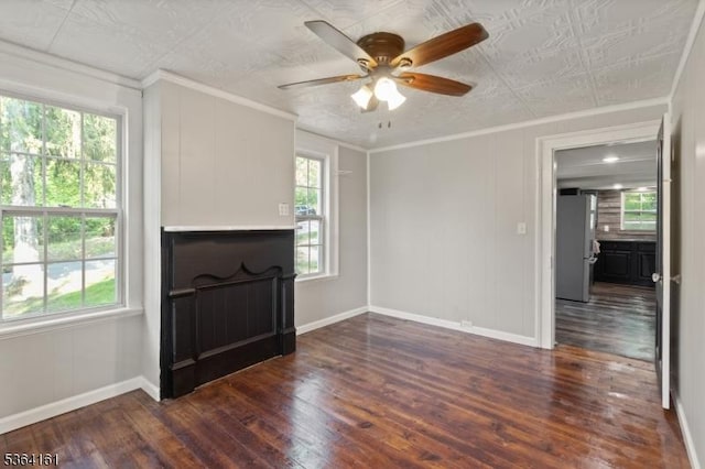 132 Axford Ave, Oxford Twp, NJ 07863 - unfurnished living room featuring hardwood / wood-style flooring, ceiling fan, baseboards, and ornamental molding