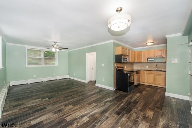 37 Hill St Unit A1, Morristown Town, NJ 07960 - kitchen with stainless steel appliances, a ceiling fan, dark wood-style flooring, ornamental molding, and backsplash