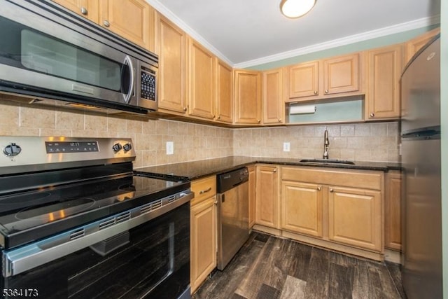 37 Hill St Unit A1, Morristown Town, NJ 07960 - kitchen with stainless steel appliances, crown molding, dark wood finished floors, dark stone countertops, and decorative backsplash