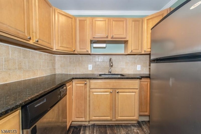 37 Hill St Unit A1, Morristown Town, NJ 07960 - kitchen featuring stainless steel appliances, dark stone counters, dark wood finished floors, decorative backsplash, and ornamental molding