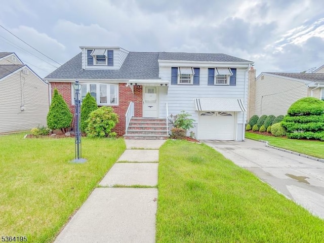 23 Bogle Ave, North Arlington Boro, NJ 07031 - split level home featuring a front lawn, driveway, a shingled roof, an attached garage, and brick siding