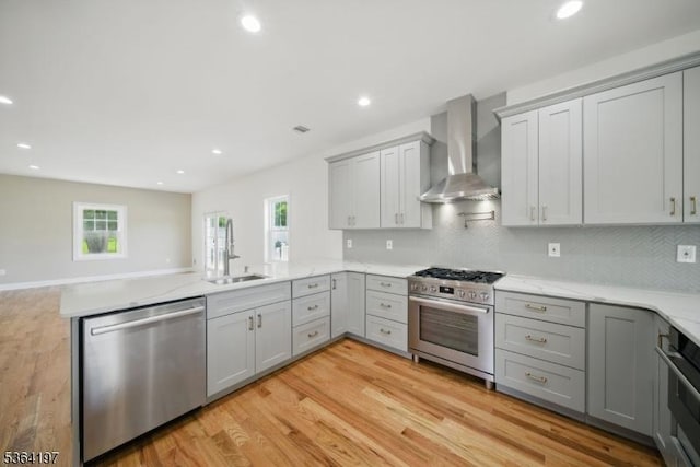 181 Randolph Ave, Mine Hill Twp, NJ 07803 - kitchen with stainless steel appliances, wall chimney exhaust hood, a peninsula, gray cabinetry, and recessed lighting
