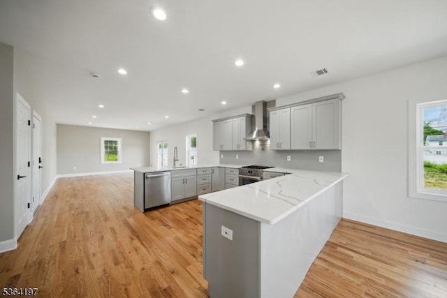 181 Randolph Ave, Mine Hill Twp, NJ 07803 - kitchen featuring a peninsula, appliances with stainless steel finishes, gray cabinets, wall chimney exhaust hood, and light wood finished floors