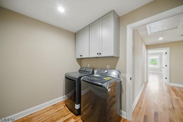 181 Randolph Ave, Mine Hill Twp, NJ 07803 - laundry area featuring attic access, cabinet space, washer and clothes dryer, light wood finished floors, and recessed lighting