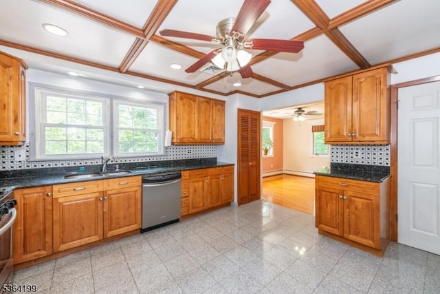 11 Putters Rd, Roxbury Twp, NJ 07876 - kitchen with appliances with stainless steel finishes, granite tiled floors, ceiling fan, healthy amount of natural light, and coffered ceiling