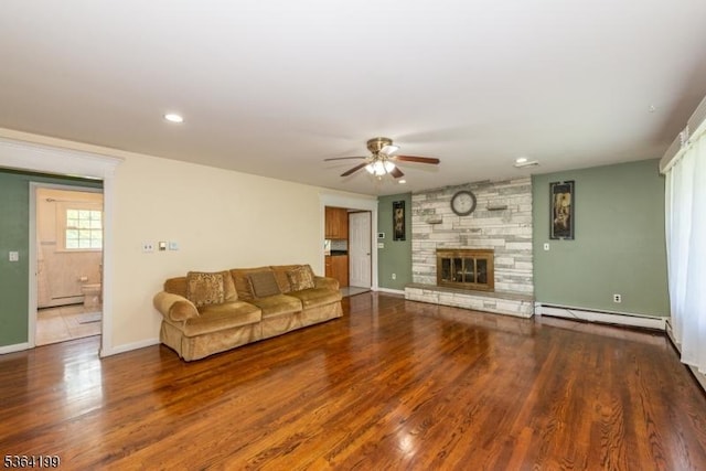 11 Putters Rd, Roxbury Twp, NJ 07876 - living area with a baseboard radiator, ceiling fan, wood finished floors, a fireplace, and recessed lighting