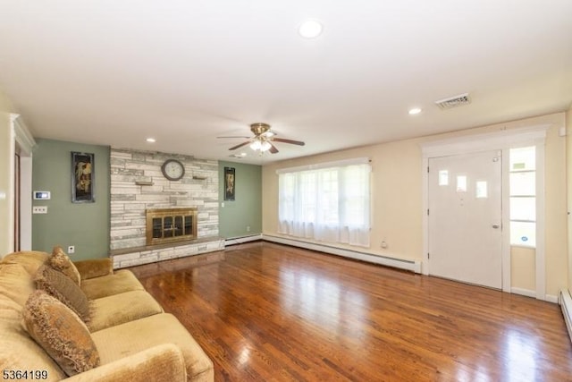 11 Putters Rd, Roxbury Twp, NJ 07876 - unfurnished living room featuring ceiling fan, baseboard heating, wood finished floors, a fireplace, and recessed lighting