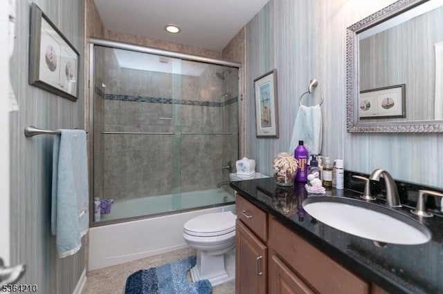 3 Indigo Rd, Allamuchy Twp, NJ 07840 - full bath with vanity, bath / shower combo with glass door, tile patterned flooring, and wallpapered walls