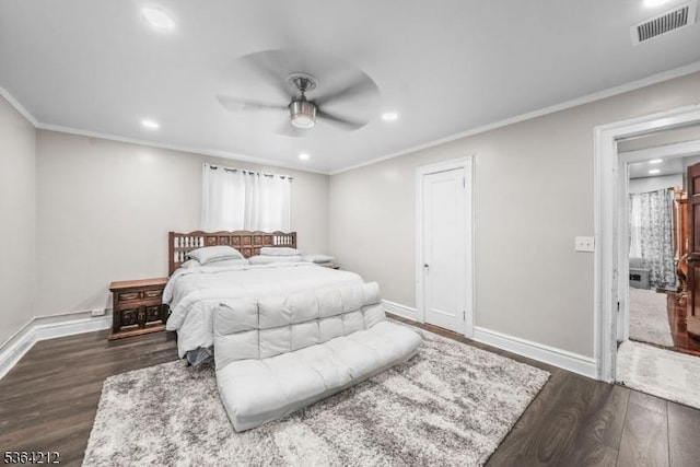 129 S Munn Ave, East Orange City, NJ 07018 - bedroom with dark wood finished floors, recessed lighting, ornamental molding, and a ceiling fan