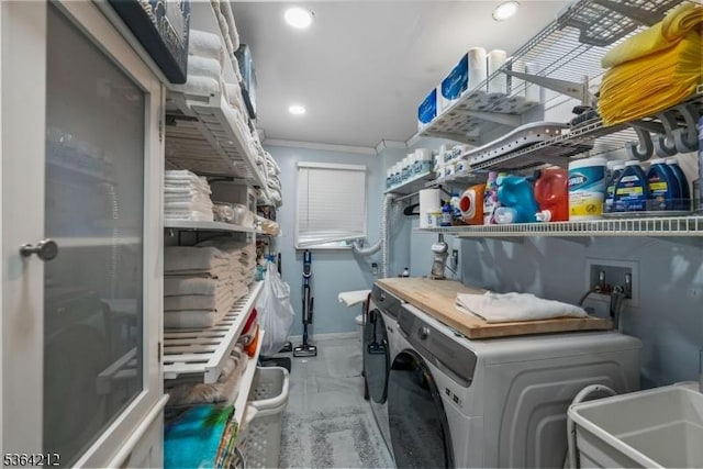 129 S Munn Ave, East Orange City, NJ 07018 - laundry area with separate washer and dryer, marble finish floors, recessed lighting, and ornamental molding