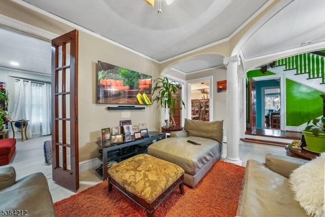 129 S Munn Ave, East Orange City, NJ 07018 - living area with ornate columns, crown molding, and arched walkways